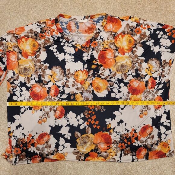 ODDY Plus Size Floral Blouse  V-Neck Dropped Shoulder Long Sleeve Silky/ Stretch - Picture 6 of 7